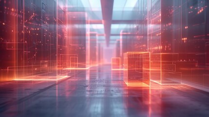 Futuristic Digital Interface Within a Modern Corporate Lobby at Twilight