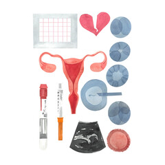 set illustration on the topic of IVF fertilization, women's health, family planning. Pictures for gynecologists and reproductive specialists, drawn in watercolor