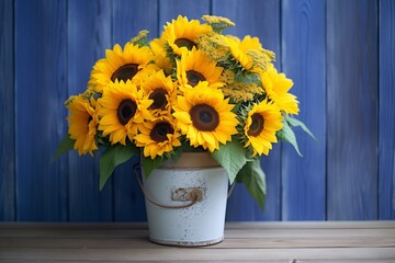 bright yellow sunflowers in a bucket