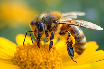 A bee is in the process of pollinating showing bright yellow pollen on a flower.