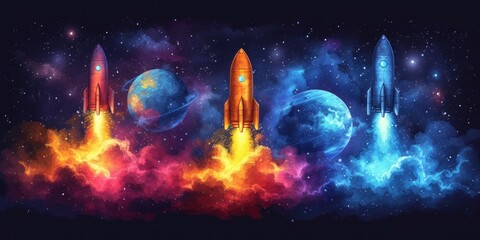 Vivid Watercolor Illustration of Rockets Launching Into a Starry Space Vista