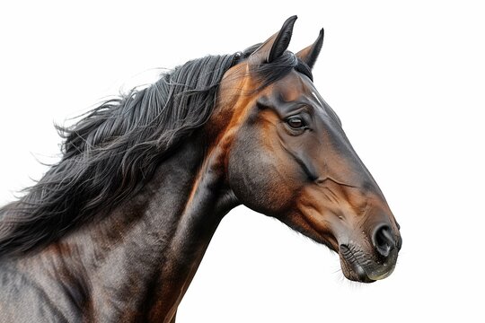 A majestic equine portrait captures the beauty of a brown stallion against a white background.