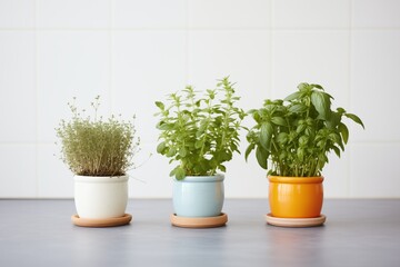 a trio of ceramic pots with basil, oregano, and thyme