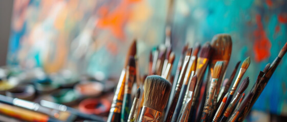 Vivid painting tools await an artist's touch, a colorful invitation to create amidst creative chaos