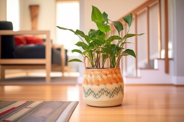 a zz plant in a woven basket, placed on a carpeted floor