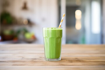 green tropical smoothie on a wooden table with straw