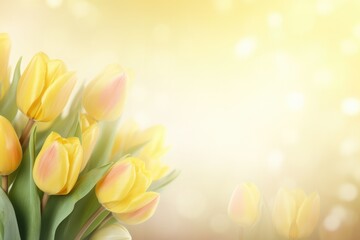 Pastel Yellow banner with tulip flowers and copy space for text and design. Spring blossom and light bokeh background. Graphic creative resource