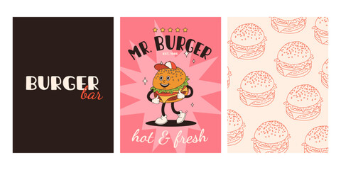 Fototapeta na wymiar Set of fast food posters. Retro groovy cards with street food characters. Brochure with funky groovy burger, french fries, soda, ice cream, donut, pie, coffee to go, sandwich. Fast food delivery