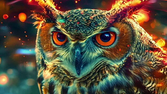 A serene and wise owl is depicted in a holographic portrait their piercing stare seemingly looking right through the hologram.
