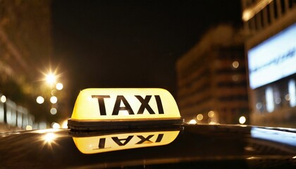 Close up of illuminated taxi sign on roof car in night city.