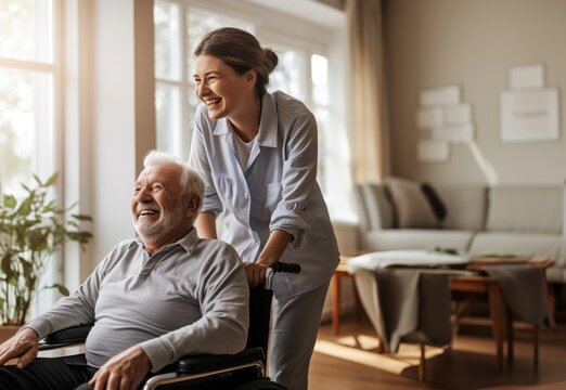 In this touching scene, a dedicated nurse provides compassionate care to an elderly man in a nursing home, ensuring his well-being and comfort in his wheelchair.Generated image