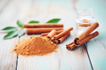 cinnamon sticks and powder for natural dental care - obrazy, fototapety, plakaty