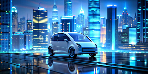 Electric cars of the future in a city full of lights at night