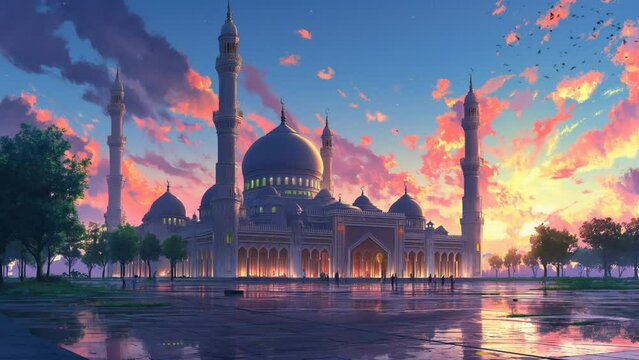 Mosque Animation at sunset for Islamic theme.  seamless looping 4k time-lapse animated video background