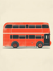 minimalist red double decker bus on white background simple screen print style illustration