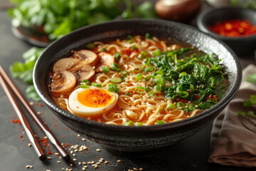 Appetizing traditional ramen bowl filled with noodles, a soft-boiled egg, greens, and a rich, spicy broth