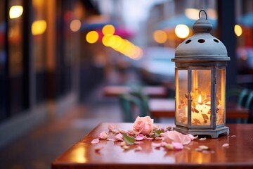street restaurant table with lit lantern and rose petals