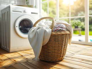 laundry basket in a washing machine - obrazy, fototapety, plakaty