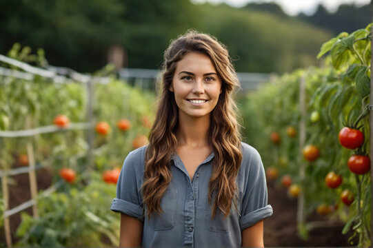 Young farmer woman standing in the vegetable garden next to the tomatoes and looking at the camera with a satisfied expression on her face. Generated AI