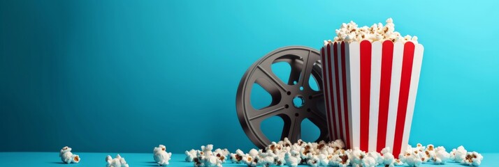 Vibrant blue backdrop with a striped popcorn box and scattered kernels, film reel aside