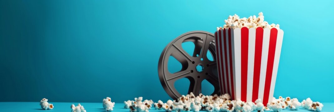 Vibrant blue backdrop with a striped popcorn box and scattered kernels, film reel aside