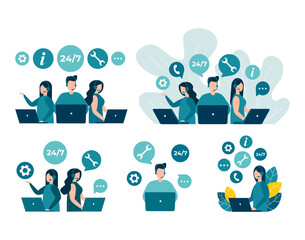 Customer service, hotline operators advise customers. 24 7 global online technical support, call center, call processing system. Vector isolated EPS 10 .
