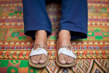 mans feet in classic moccasins on a traditional woven mat
