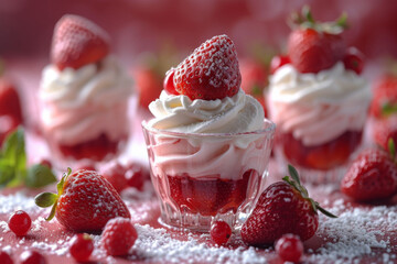 Elegant mini desserts with strawberries and whipped cream, dusted with powdered sugar, set against a red berry backdrop