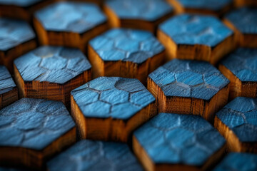 Fototapeta premium Close-up of an artistic arrangement of hexagonal wooden blocks with textured blue paint, creating a visually intriguing pattern