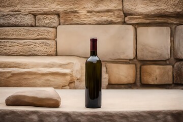 unlabeled wine bottle advertising template , beige travertin stone background