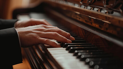 Obraz premium Experience the grace of playing the piano. Each note dances like poetry, weaving a symphony of elegance. Unleash your musical soul and let the piano keys tell a story of timeless beauty.