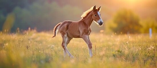 Young foal playing on summer pasture