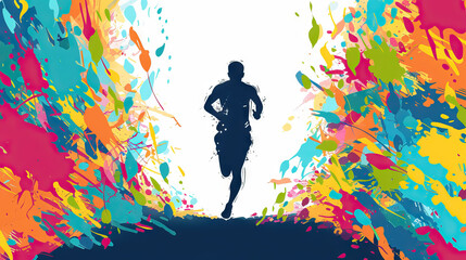 silhouette of  runners running towards the finish line. Success concept for boston marathon, national sports day background - AI Generated Abstract Art - obrazy, fototapety, plakaty