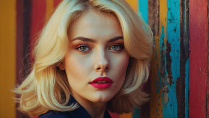 Portrait of a blonde incredibly beautiful young woman in the style of the 1990s with bright colors, retro style. generative AI