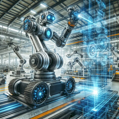 artificial intelligence robot doing work in a factory,equipment in factory