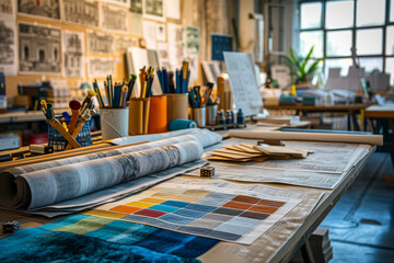 vibrant and busy architectural design studio workspace with blueprints, color swatches, and drafting tools, bathed in natural light