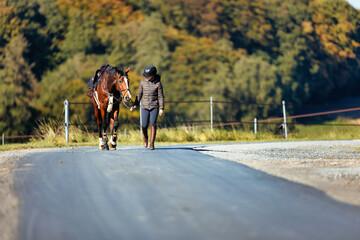 Girl rider goes riding with her horse ready to ride.