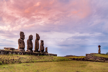 moais in Tahai at sunset, Rapa Nui, Easter Island