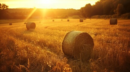 Harvested field with straw bales in the rays of the setting sun. Hay bales in the field at sunset.   - obrazy, fototapety, plakaty