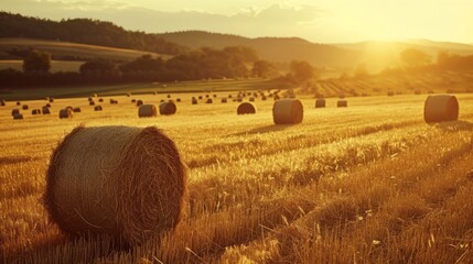 Harvested field with straw bales in the rays of the setting sun. Hay bales in the field at sunset.   - obrazy, fototapety, plakaty