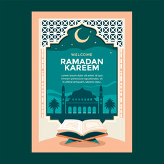 Ramadhan kareem Poster Template with Mosque and Holy Quran Background