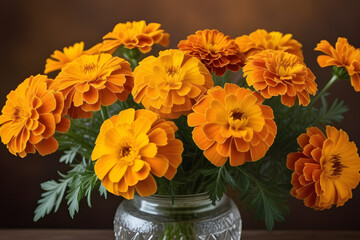 Orange Marigold Flowers In Glass Vase On Table