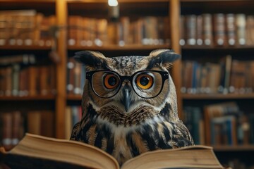 Close-Up of a Bespectacled Owl Perched Indoors With a Blurry Bookshelf Background