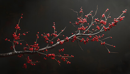 A long branch of blackthorn with thorns and berries, hyper realistic photography, - obrazy, fototapety, plakaty