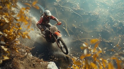 Motocross. Man, professional motorcyclist in full moto equipment riding crops enduro bike on mountain road at sunset. Generative AI. Concept of motosport, speed, hobby, journey, activity. In action