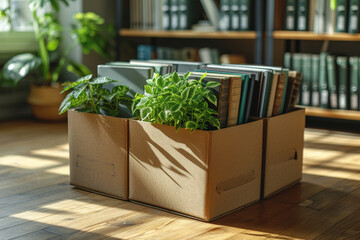 Sunlit cardboard box filled with books and houseplants, symbolizing a fresh start and the essentials for moving day