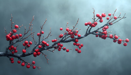 A long branch of blackthorn with thorns and berries, hyper realistic photography, - obrazy, fototapety, plakaty