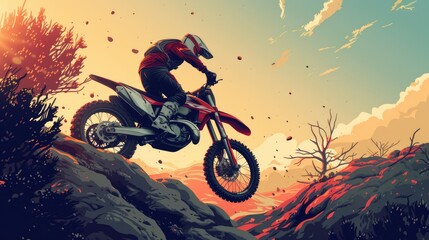 Motocross. Man, professional motorcyclist in full moto equipment riding crops enduro bike on mountain road at sunset. Generative AI. Concept of motosport, speed, hobby, journey, activity. In action - obrazy, fototapety, plakaty