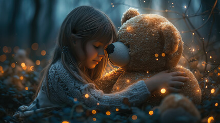 A tender moment unfolds as a child embraces a bear, a hug filled with warmth and innocence. In this simple gesture, love and comfort intertwine, creating a timeless connection that speaks volumes in t