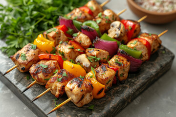 Succulent grilled chicken kebabs paired with bell peppers, onions, and mushrooms on a slate, ready...